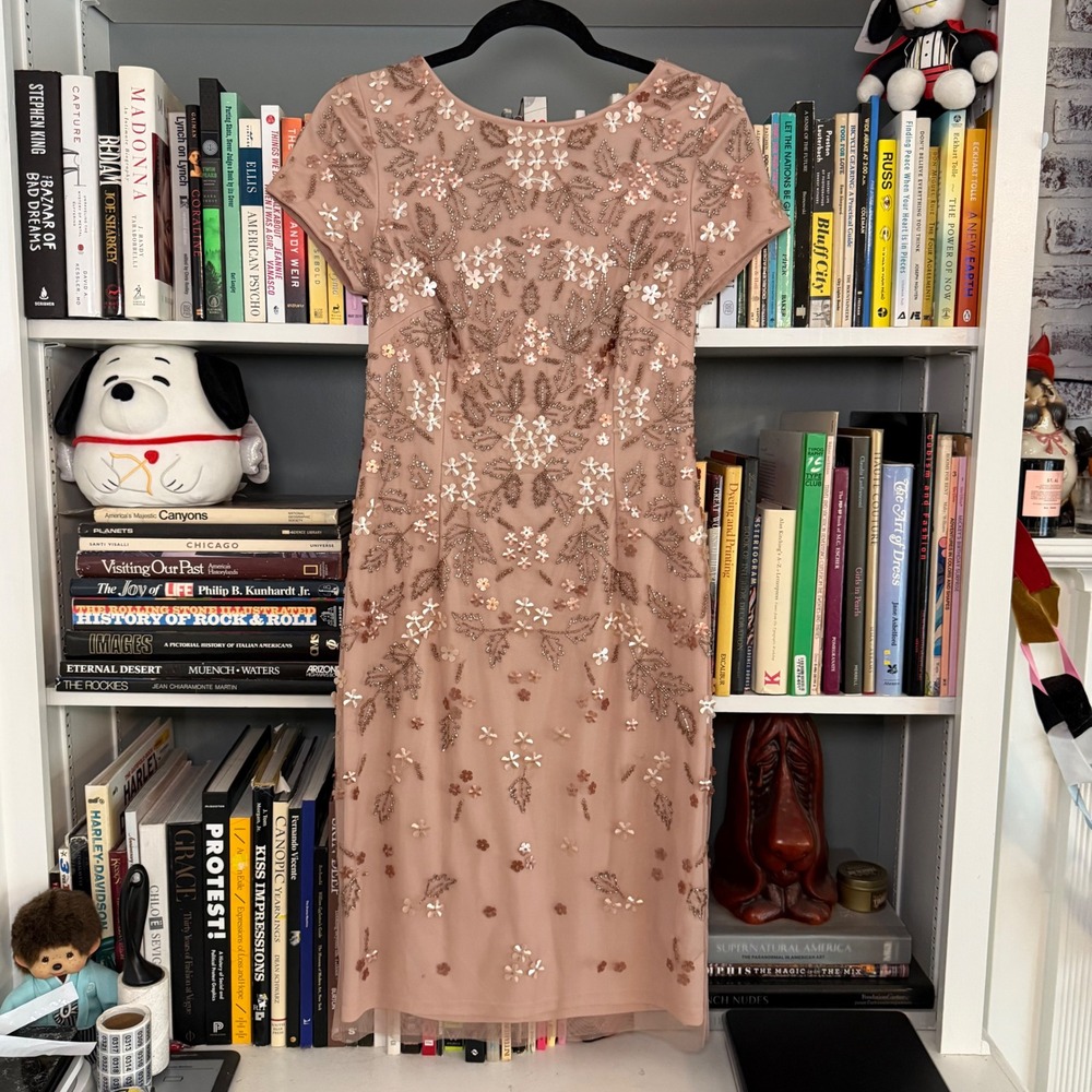 Adrianna Papell Floral Beaded Sequin Mesh Sheath Dress Size 6